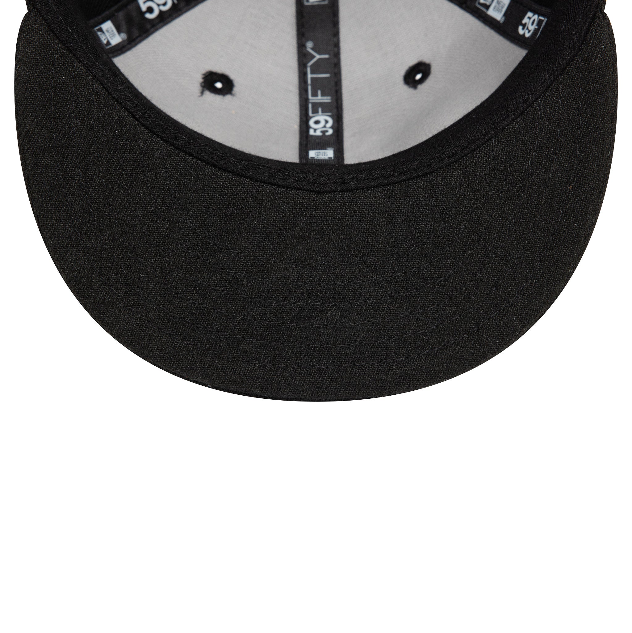 New York Yankees My First Black New Era 59FIFTY Fitted Cap, inside view showing black 59FIFTY taping along the seams, black eyelets on the grey crown, and a black undervisor extending from the structured visor.