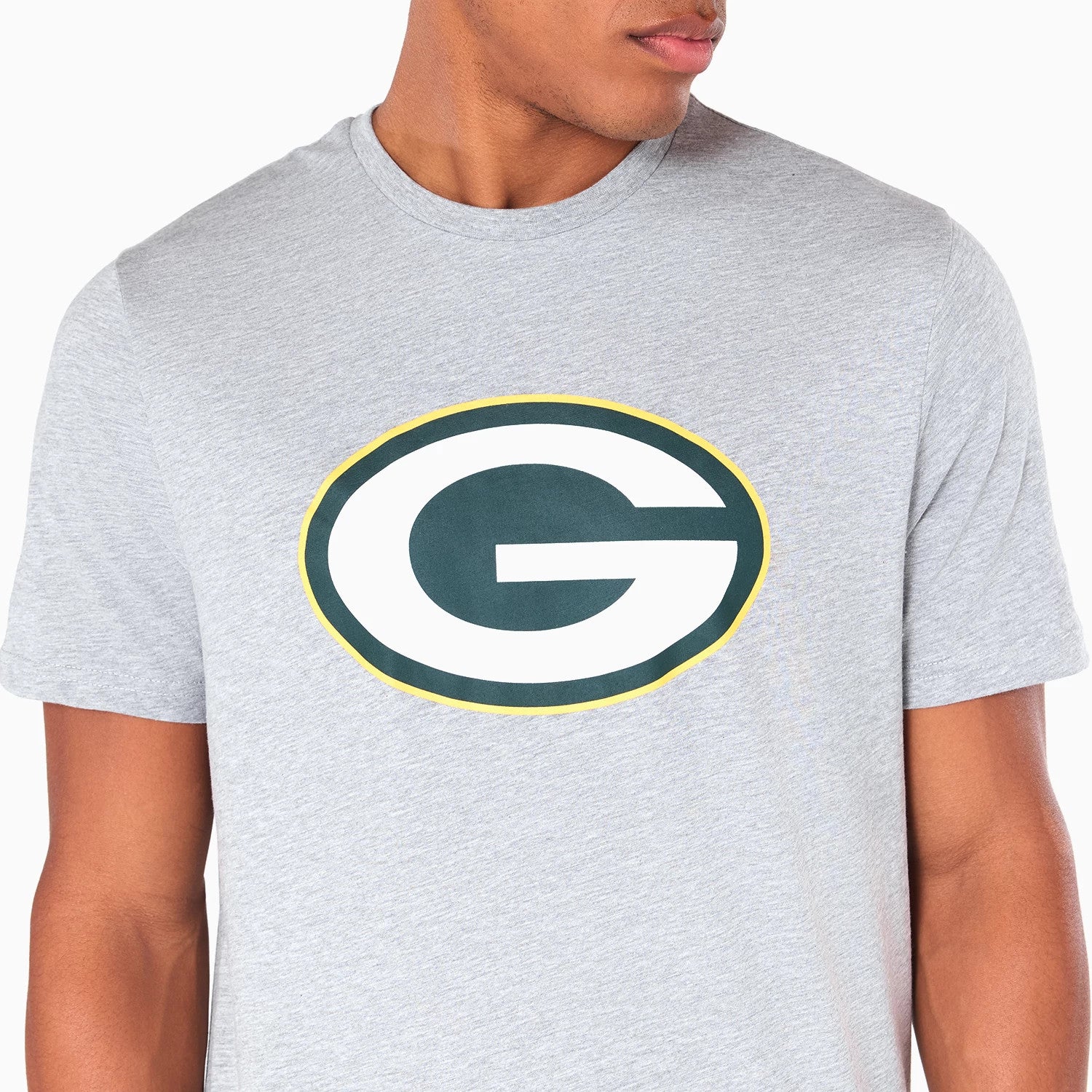 New Era Green Bay Packers NFL Grey T-Shirt, front view showing the soft grey fabric with a large printed Green Bay Packers logo centred on the chest, featuring a green G outlined in yellow and white.