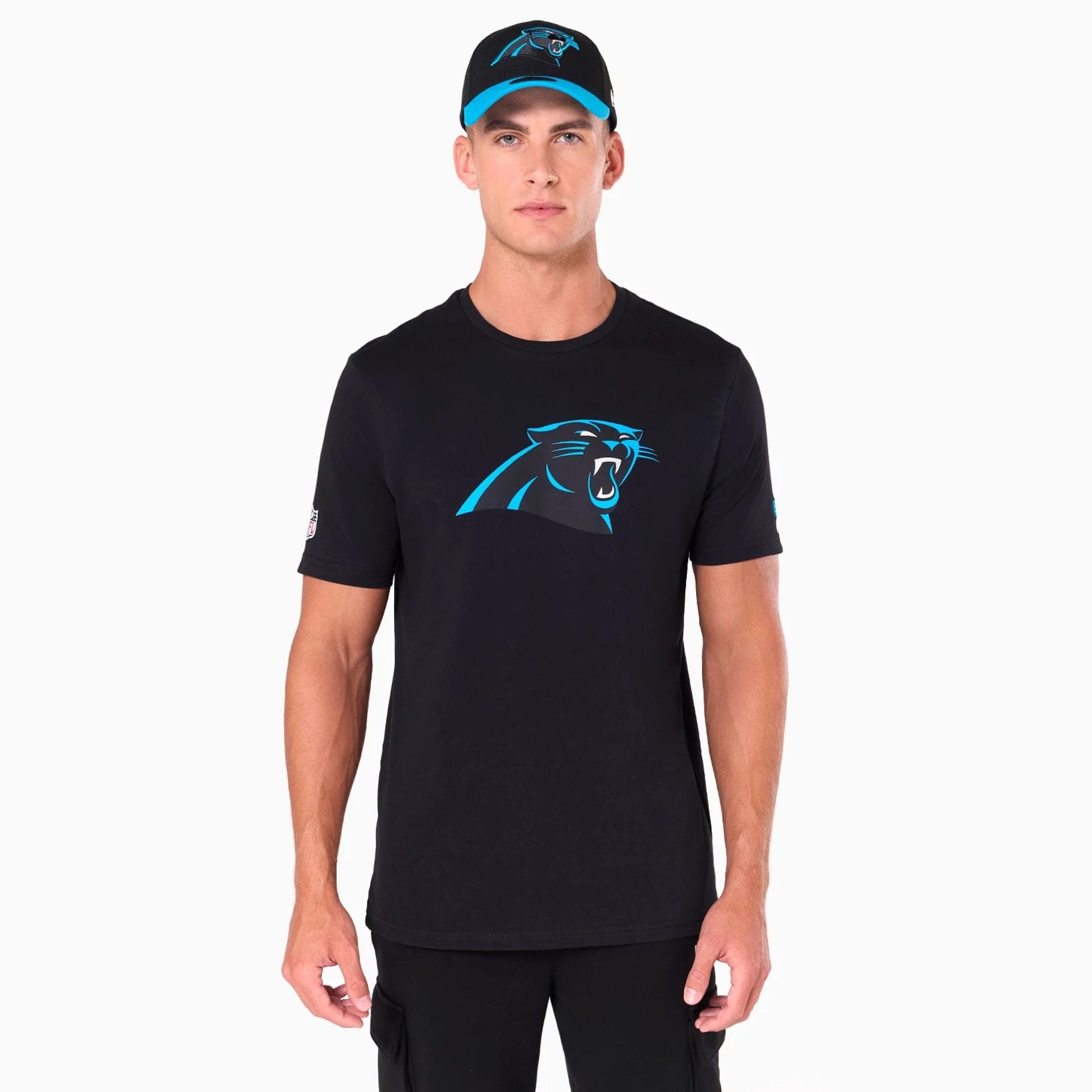 The Male model is wearing Carolina Panthers NFL Black T-Shirt 1
