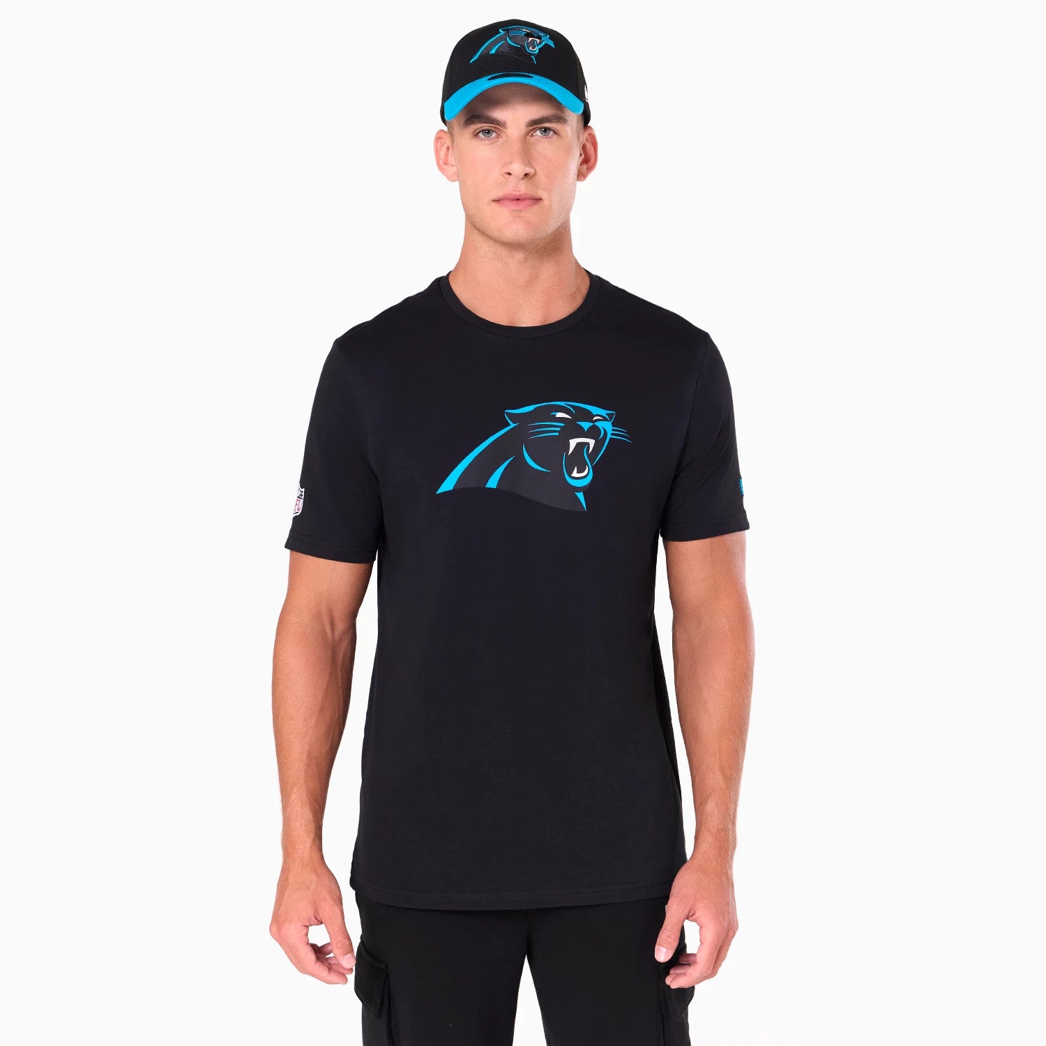 The Male model is wearing Carolina Panthers NFL Black T-Shirt 1