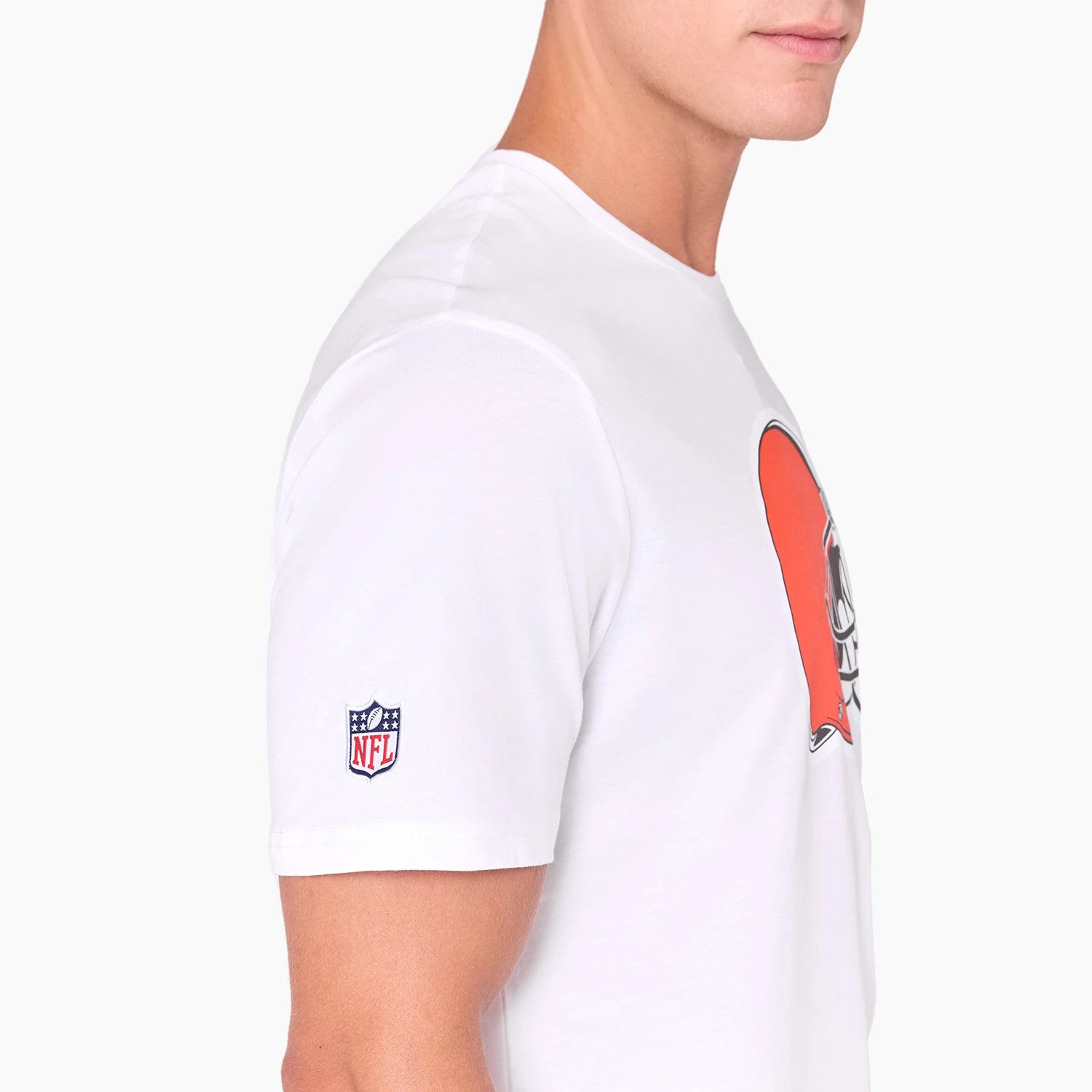 New Era Cleveland Browns NFL White T-Shirt, side view showing an orange helmet graphic on the chest, with a raised NFL logo on the sleeve near the shoulder, set on a plain white background.