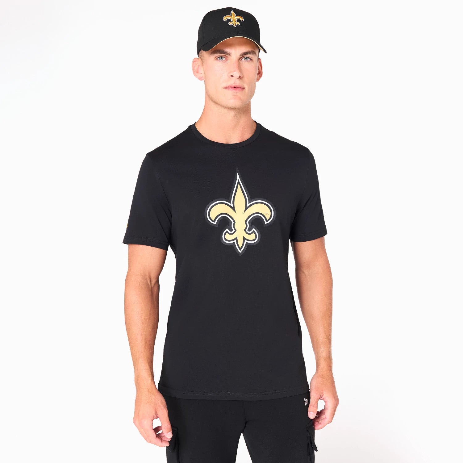 The Male model is wearing New Orleans Saints NFL Black T-Shirt 1