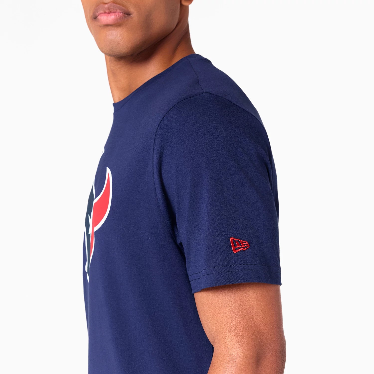 New Era Houston Texans NFL Navy T-Shirt, side view showing the navy fabric with the red and blue team logo on the chest, a raised red New Era logo on the sleeve and a simple round neck design.