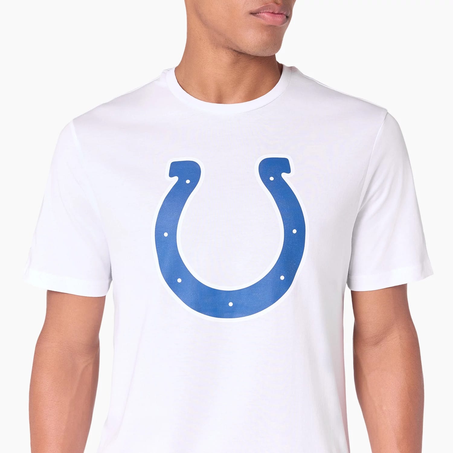 New Era Indianapolis Colts NFL White T-Shirt, front view showing a large blue horseshoe logo printed in the centre of the chest, worn by a model displaying the classic short-sleeve design and round neckline.