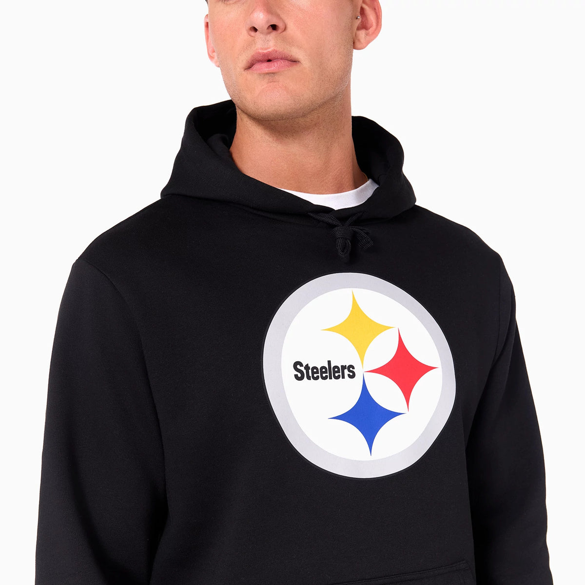 New Era Pittsburgh Steelers NFL Black Pullover Hoodie, front view showing the large circular Steelers logo with yellow, red, and blue stars printed on the chest, and an adjustable drawstring hood at the top.