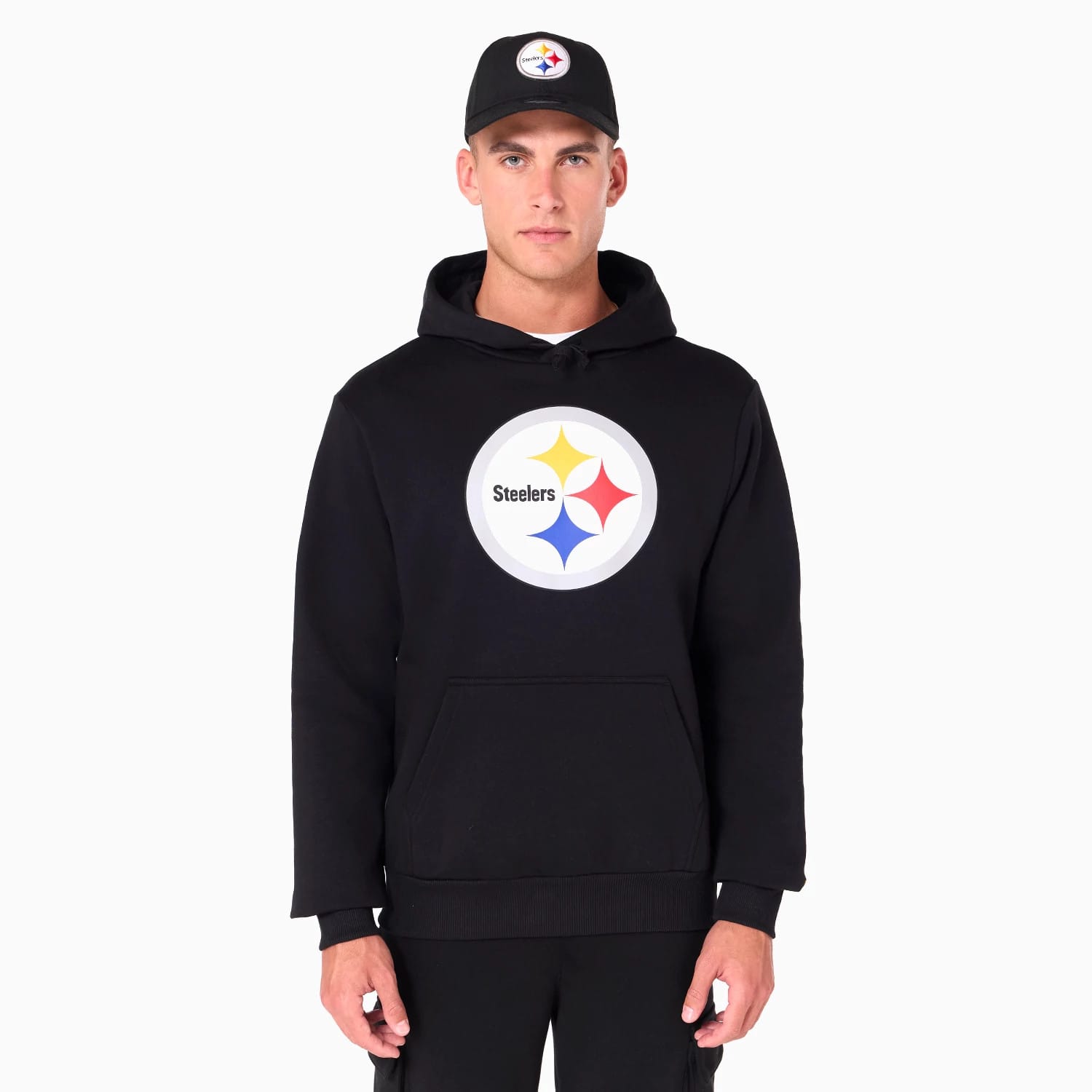The Male model is wearing Pittsburgh Steelers NFL Black Pullover Hoodie 1
