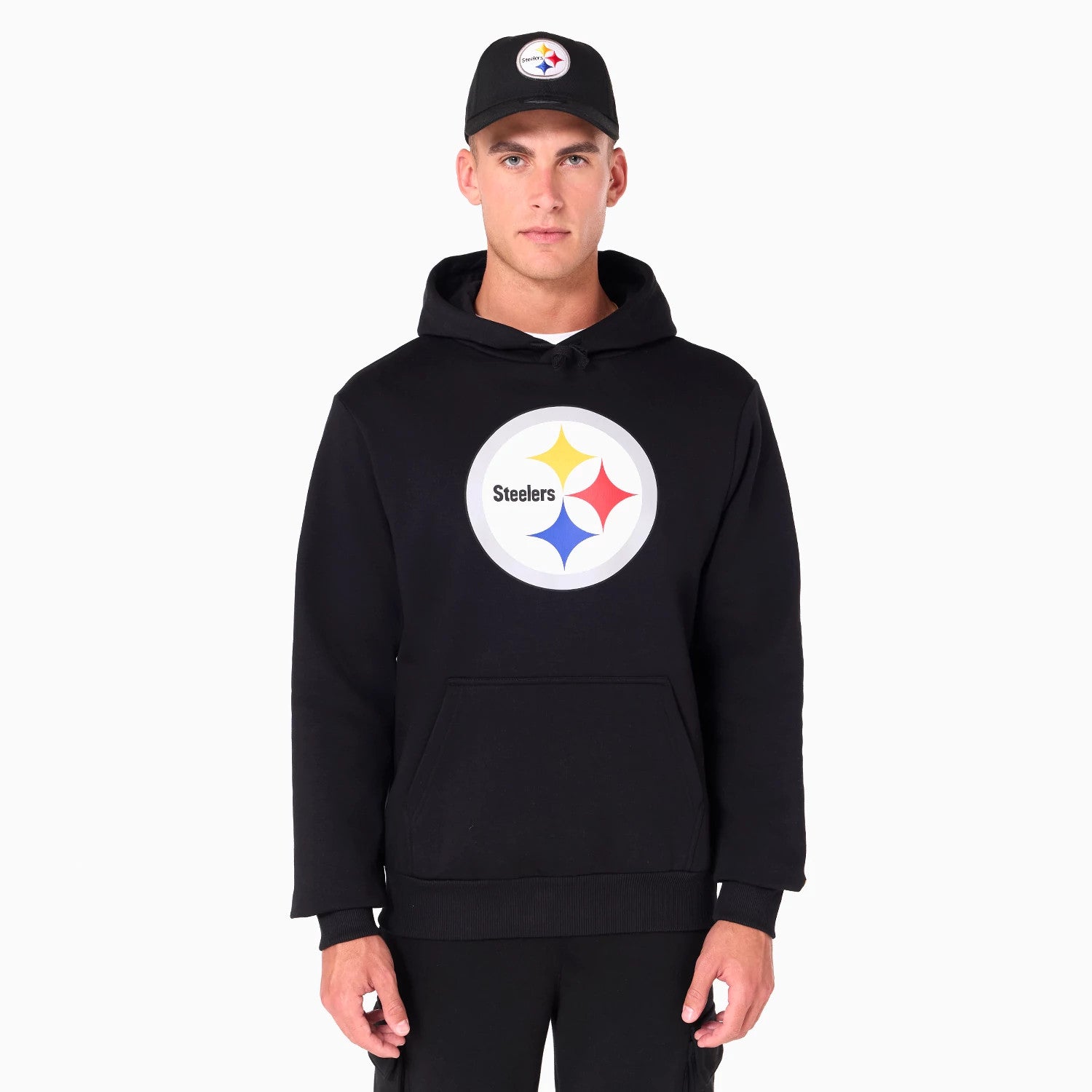 The Male model is wearing Pittsburgh Steelers NFL Black Pullover Hoodie 1