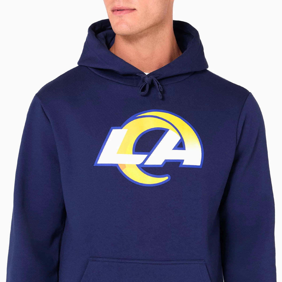New Era LA Rams NFL Navy Pullover Hoodie, front view with a large white and yellow LA Rams logo centred on the chest, a drawstring-adjustable hood overhead and a kangaroo pocket at the lower front.