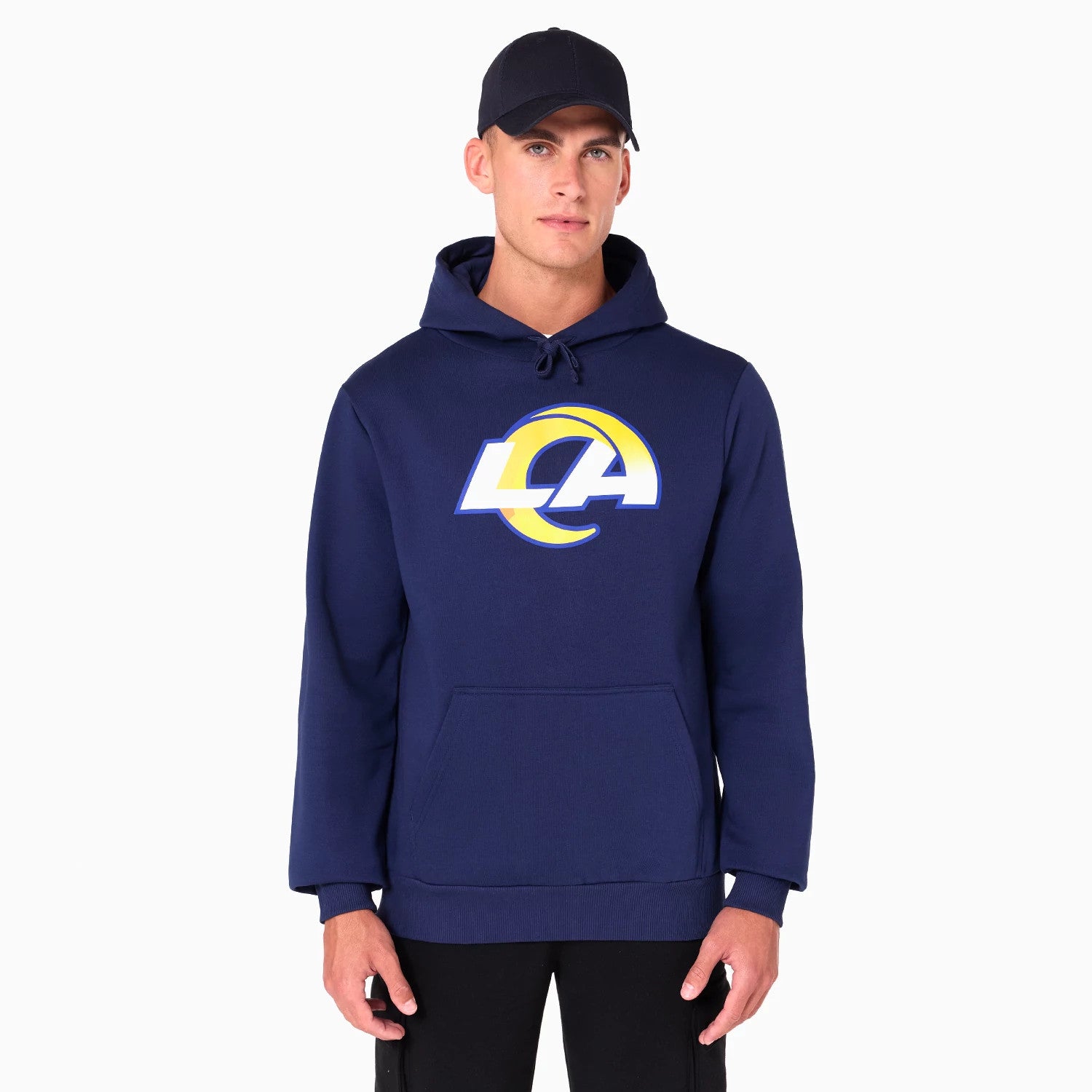 The Male model is wearing LA Rams NFL Navy Pullover Hoodie 1