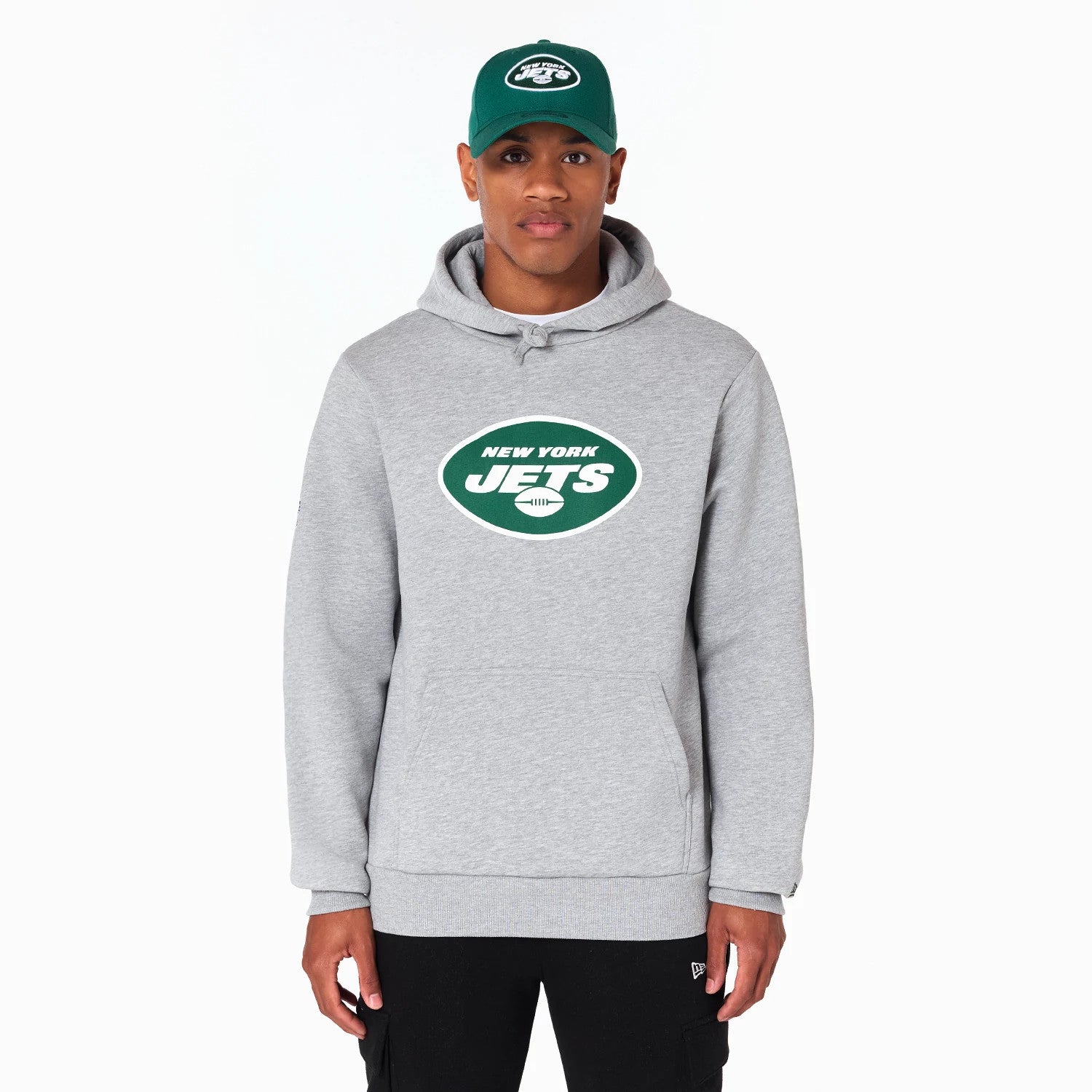 The Male model is wearing New York Jets NFL Grey Pullover Hoodie 1