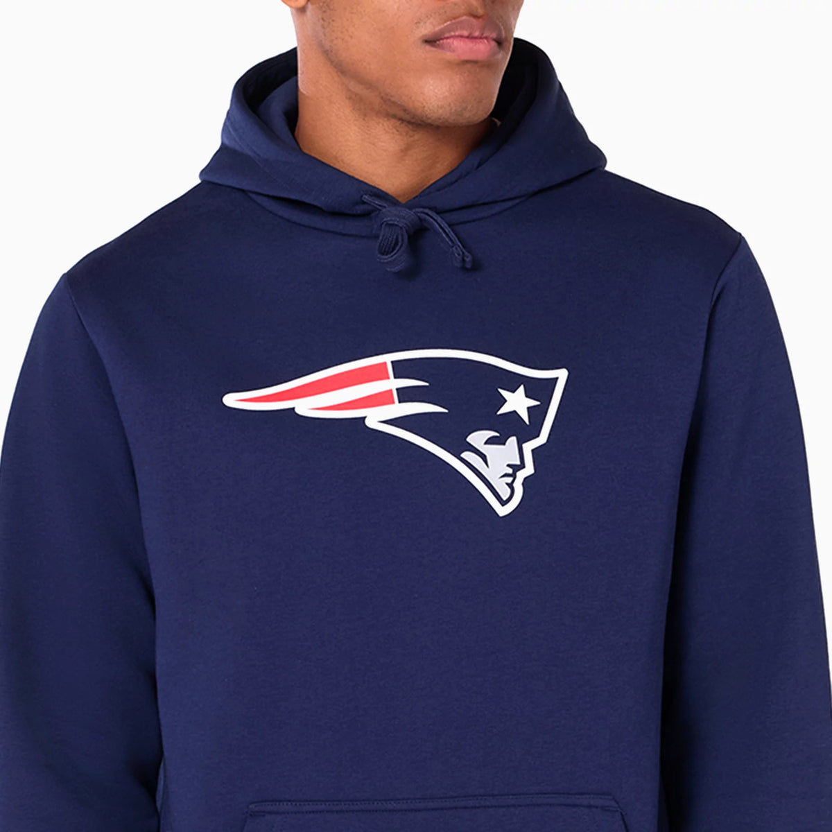 New Era New England Patriots NFL Navy Pullover Hoodie, front view showing the classic navy blue fabric with a large printed Patriots logo across the chest and an adjustable drawstring hood.