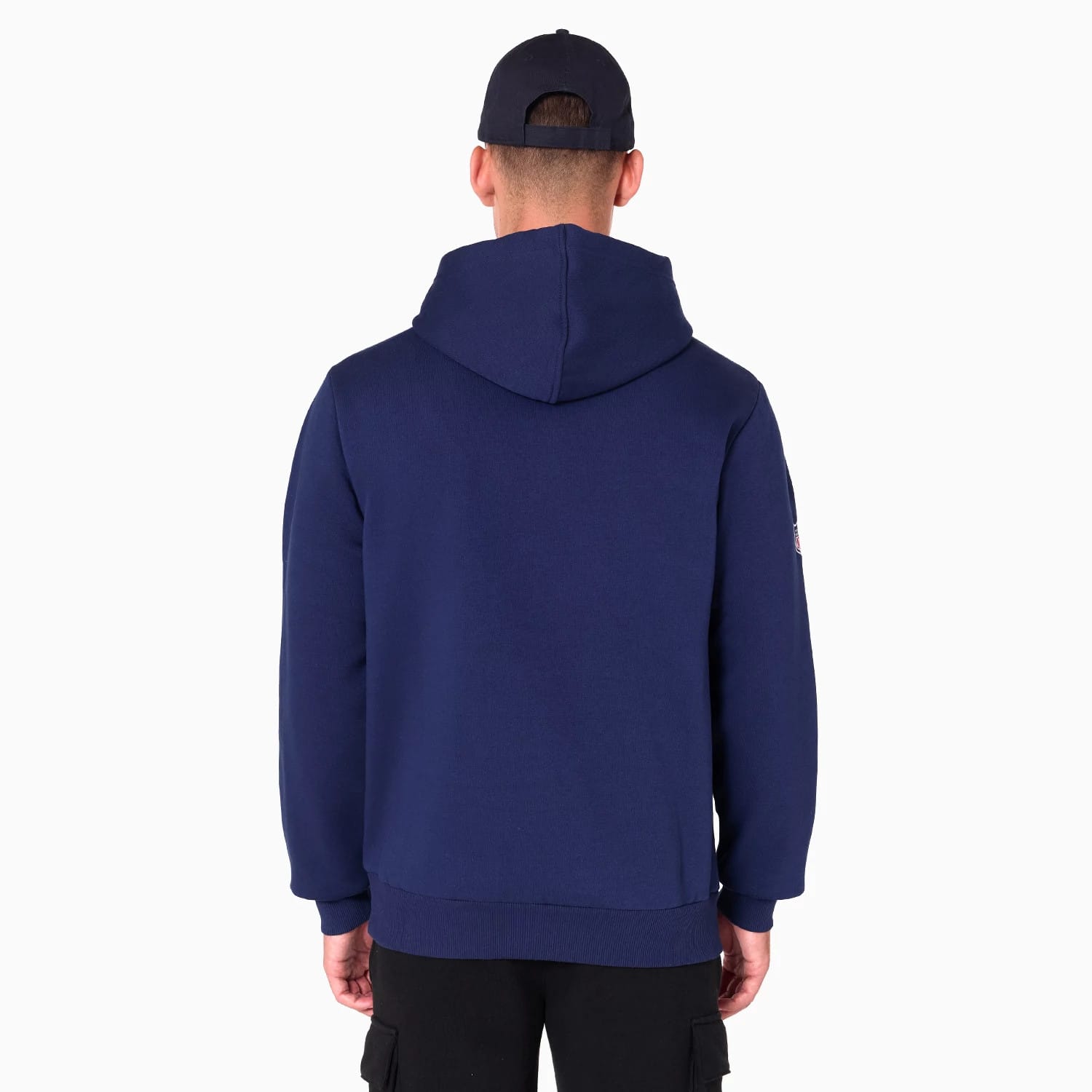 The Male model is wearing Denver Broncos NFL Navy Pullover Hoodie 2