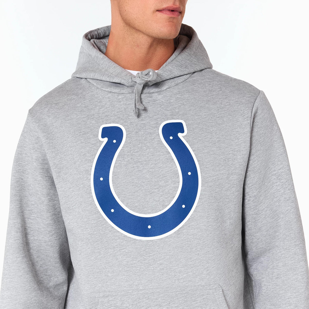 New Era Indianapolis Colts NFL Grey Pullover Hoodie, front view showing the large blue horseshoe logo printed at the centre of the grey hoodie, with a drawstring hood and a kangaroo pocket at the hem.