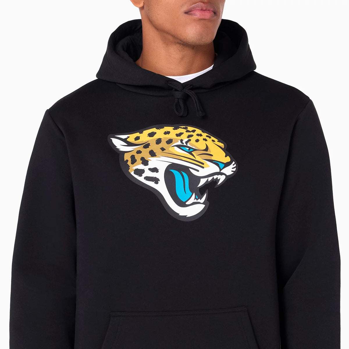 New Era Jacksonville Jaguars NFL Black Pullover Hoodie, front view showing a large embroidered jaguar logo in yellow, white, and blue on the centre chest, with a drawstring hood and a plain black finish.