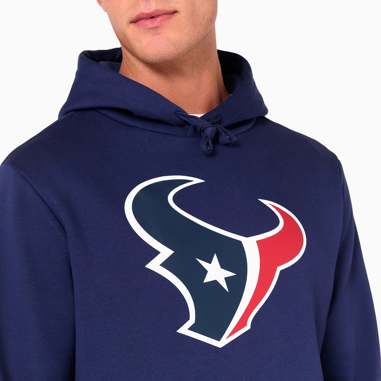 New Era Houston Texans NFL Navy Pullover Hoodie, front view featuring a large printed Texans logo centred on the chest, against a deep navy fabric with an adjustable drawstring hood.
