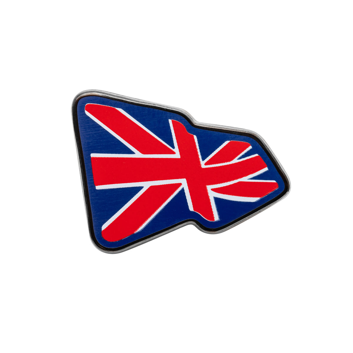 New Era Union Jack Flag Infill Red Pin Badge, front view showing the unique shape with the red, white, and blue Union Jack design filling the face of the pin, bordered by a thin black outline.