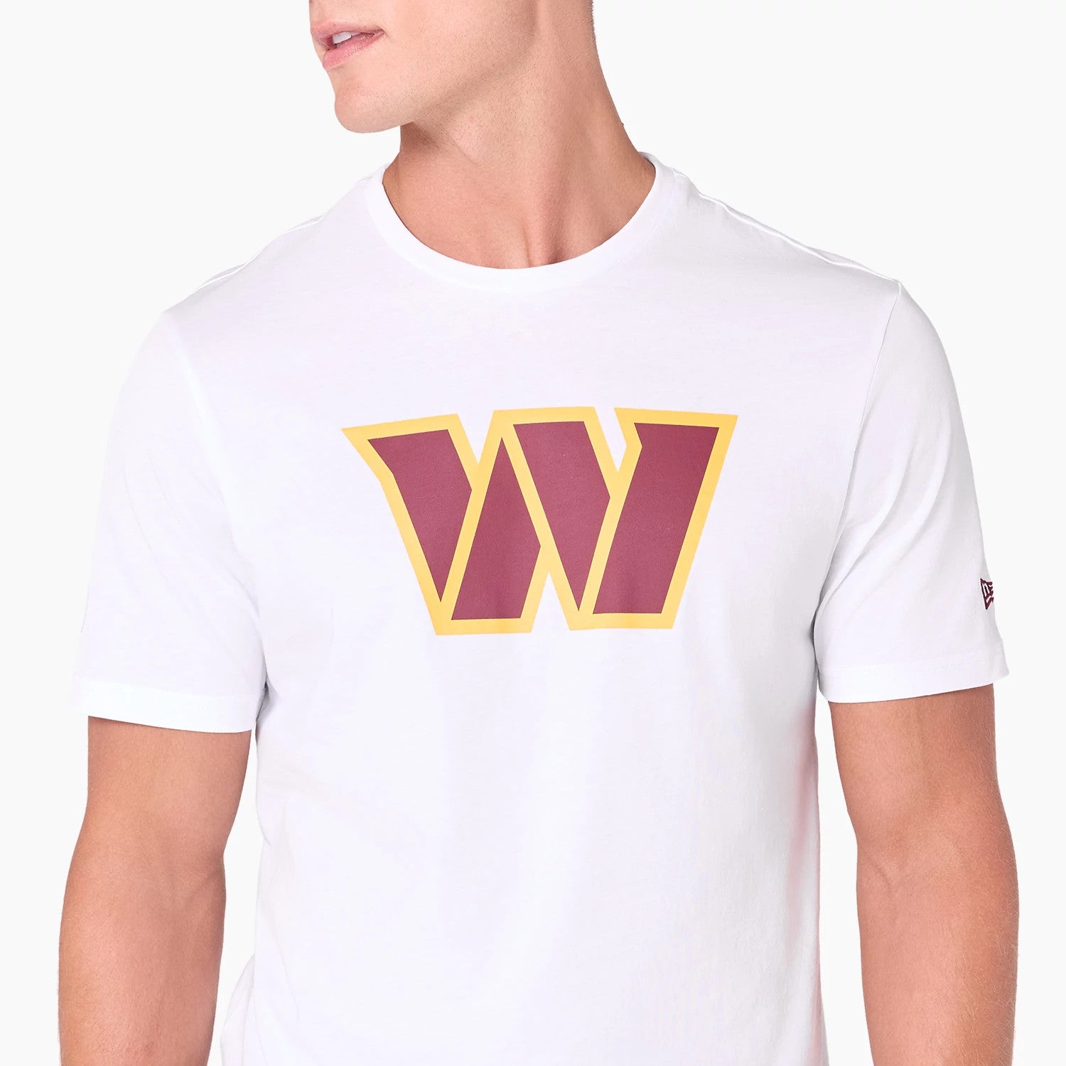 New Era Washington Commanders NFL White T-Shirt, front view showing a large maroon W with yellow outline at the centre of the chest and a small debossed New Era logo on the sleeve.