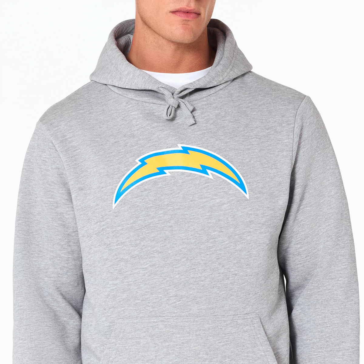 New Era LA Chargers NFL Grey Pullover Hoodie, front view showing a large yellow and blue lightning bolt logo centred on the chest, a drawstring hood and long sleeves, with a kangaroo pocket at the lower front.