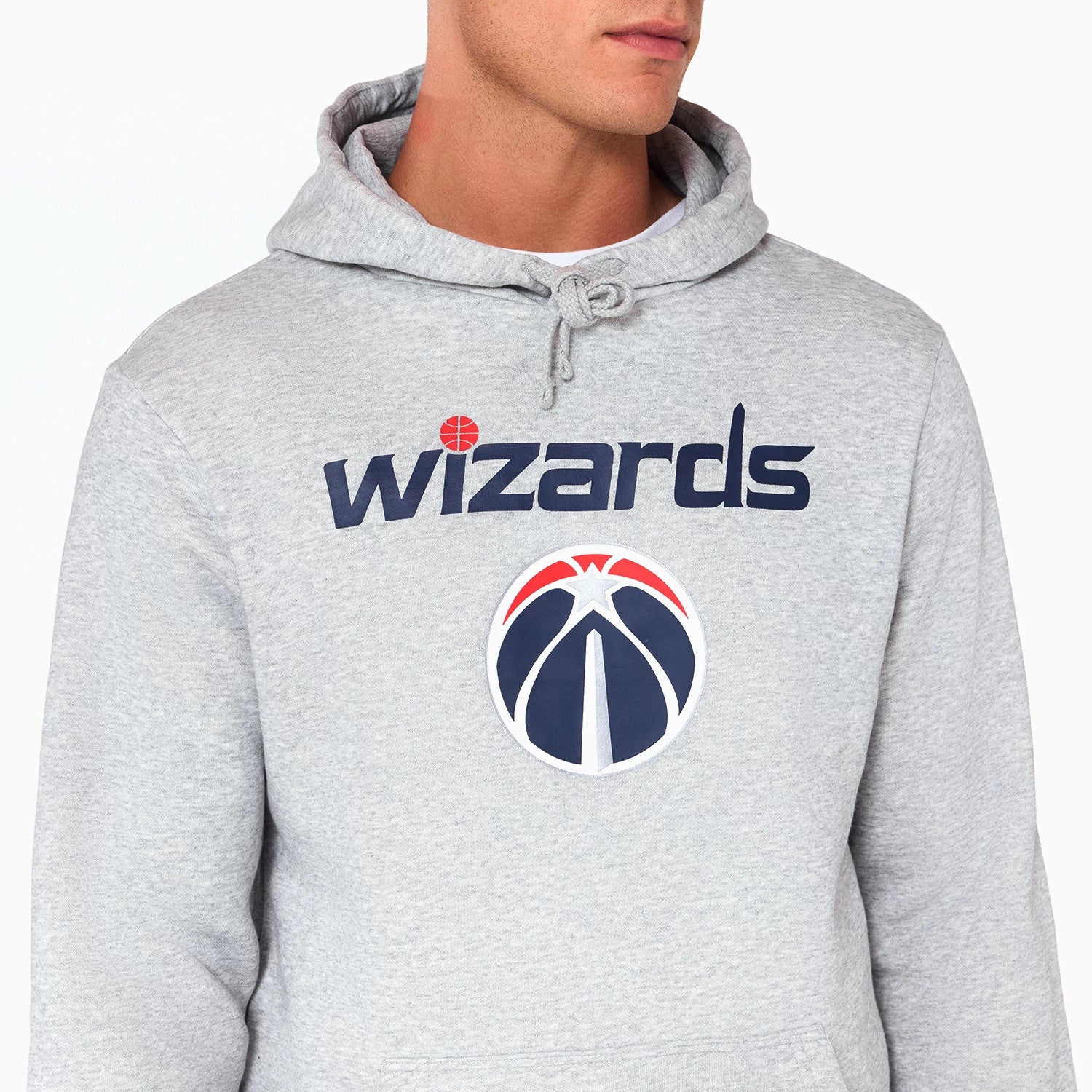 New Era Washington Wizards NBA Grey Pullover Hoodie, front view showing the grey fabric with navy wizards text and a large team logo printed beneath, featuring a drawstring hood and a simple design focused on team branding.