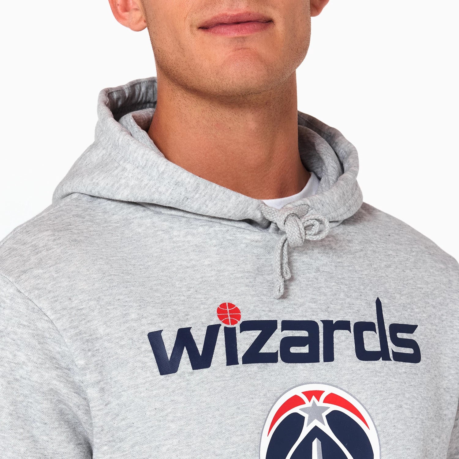 New Era Washington Wizards NBA Grey Pullover Hoodie, front view showing the grey fabric with a raised Wizards logo centred on the chest, featuring a basketball in place of the letter 'i', and an adjustable drawstring hood.