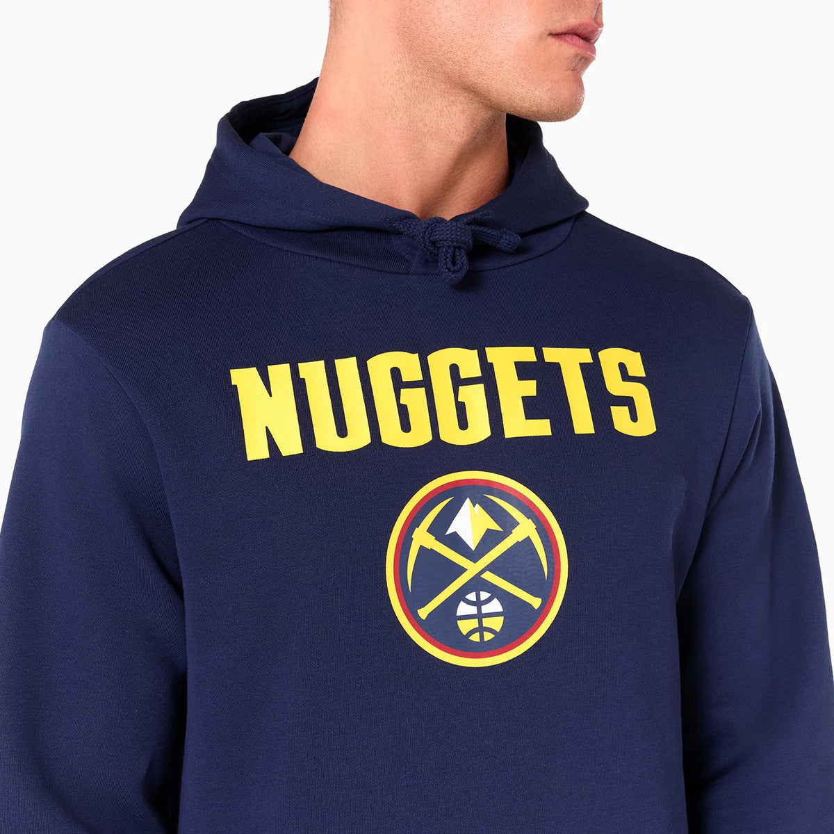 New Era Denver Nuggets NBA Navy Pullover Hoodie, front view showing a navy hoodie with a large yellow NUGGETS text and the Denver Nuggets logo on the chest, including crossed pickaxes over a basketball within a circular red and yellow border.