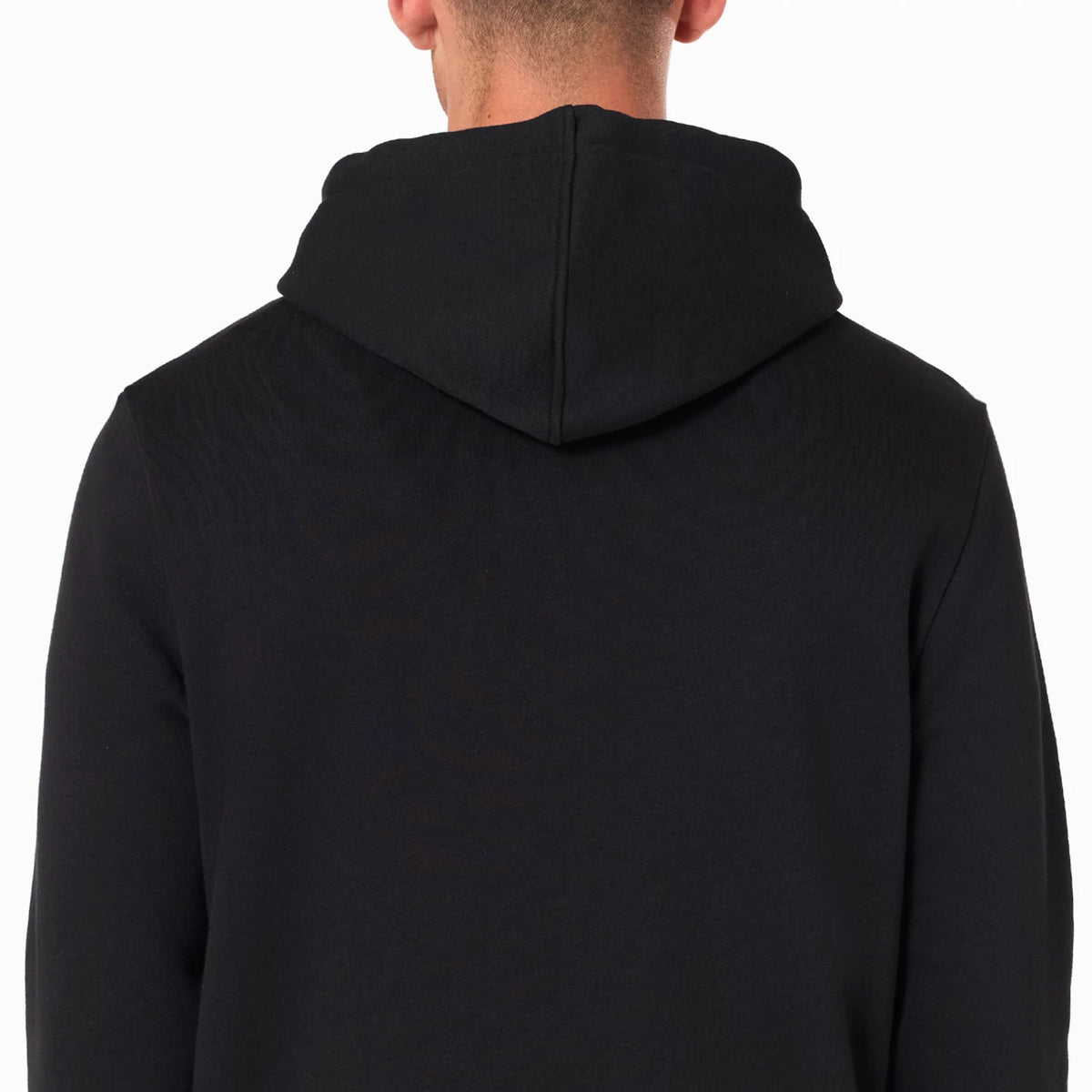 New Era LA Clippers NBA Black Pullover Hoodie, rear view showing the seamless black hood draping over the back of the shoulders and upper back, with no visible logos or designs on the plain black fabric.
