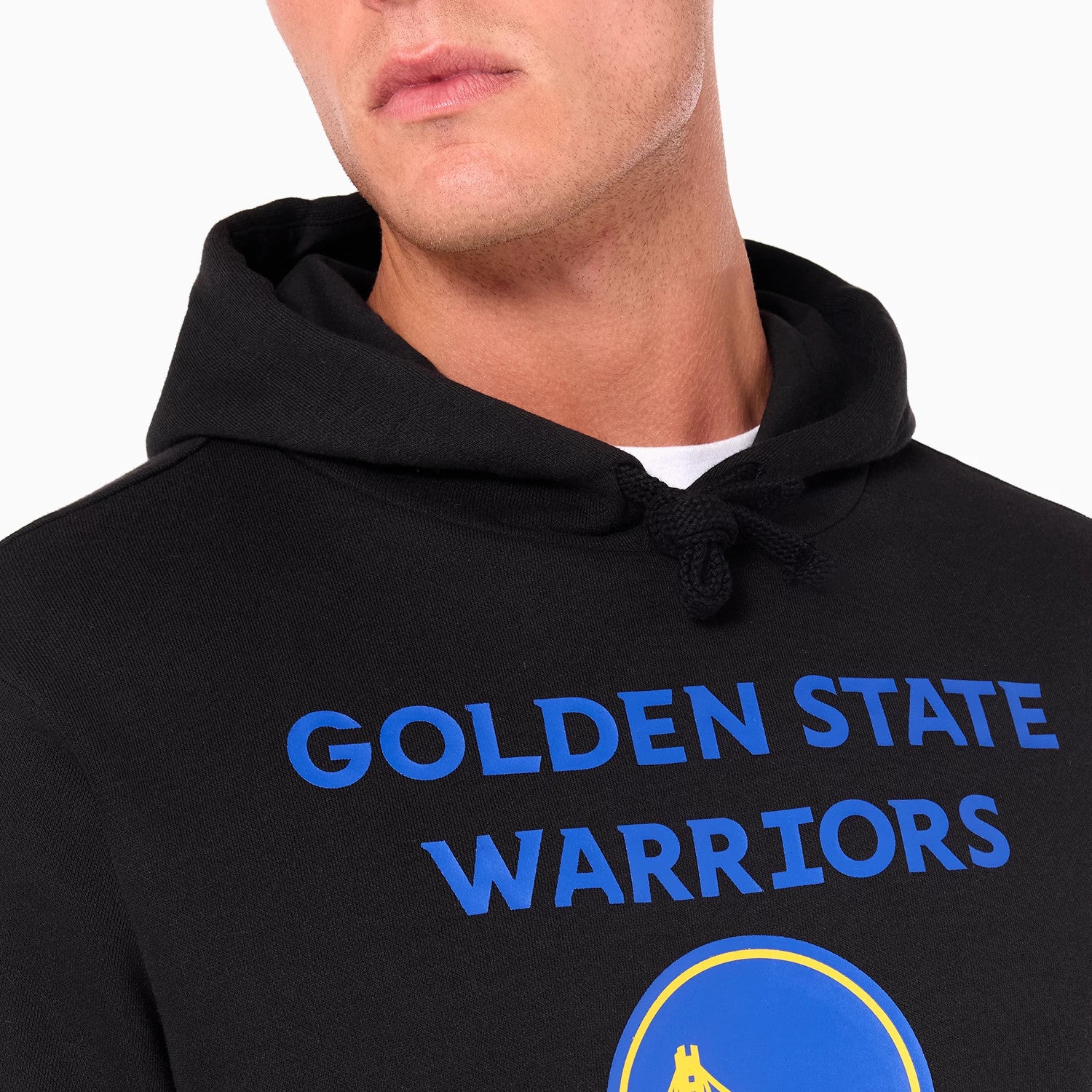 New Era Golden State Warriors NBA Black Pullover Hoodie, front view showing the black hoodie with blue text across the chest, featuring a large team logo below, and a drawstring hood.