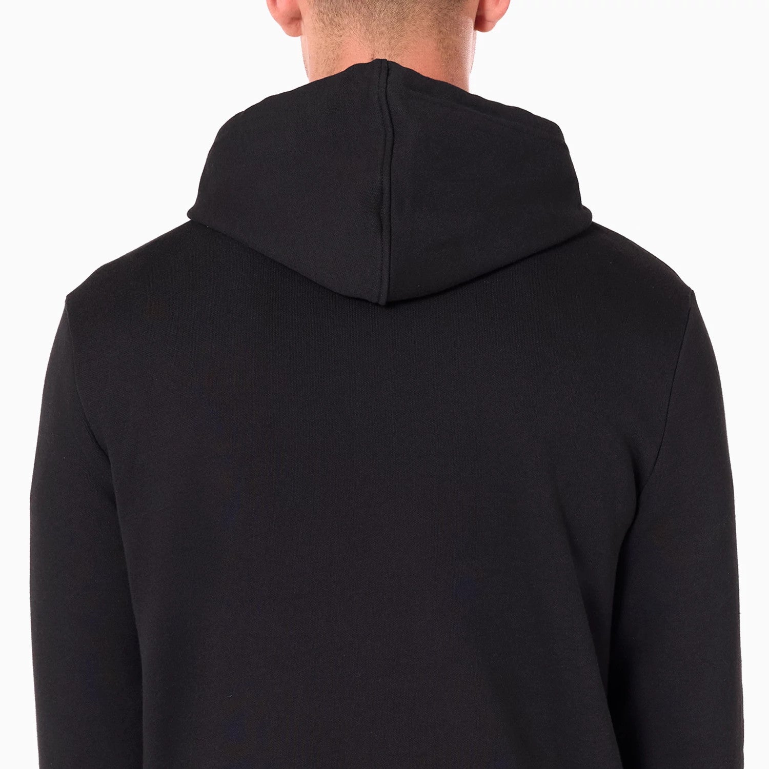 New Era Phoenix Suns NBA Black Pullover Hoodie, rear view showing the plain black fabric with a hood covering the back of the neck and shoulders, no visible logos or designs.
