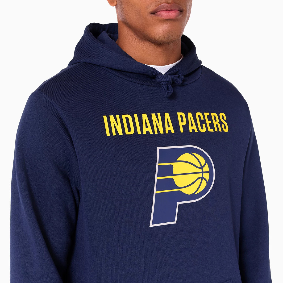 New Era Indiana Pacers NBA Navy Pullover Hoodie, front view showing the navy fabric with a large yellow Indiana Pacers wordmark above a debossed team logo centred on the chest, hood with drawstrings visible at the top.