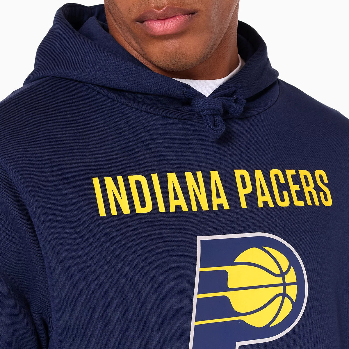 New Era Indiana Pacers NBA Navy Pullover Hoodie, front view showing the bold yellow INDIANA PACERS text across the chest, the large yellow and navy team logo below, and the navy drawstring and hood detail at the neck.