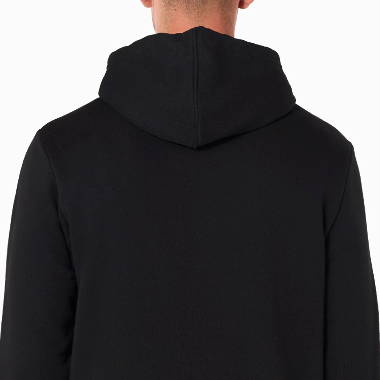 New Era Minnesota Timberwolves NBA Black Pullover Hoodie, rear view showing the black hood laid flat against the upper back, smooth black fabric with no visible logo or additional design elements on the back of the hoodie.