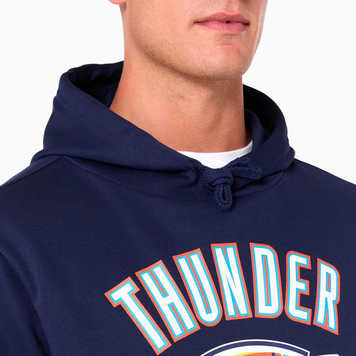 New Era Oklahoma City Thunder NBA Navy Pullover Hoodie, front view showing the large THUNDER text in vibrant colours across the chest, with a drawstring visible on the hood and no logos shown.