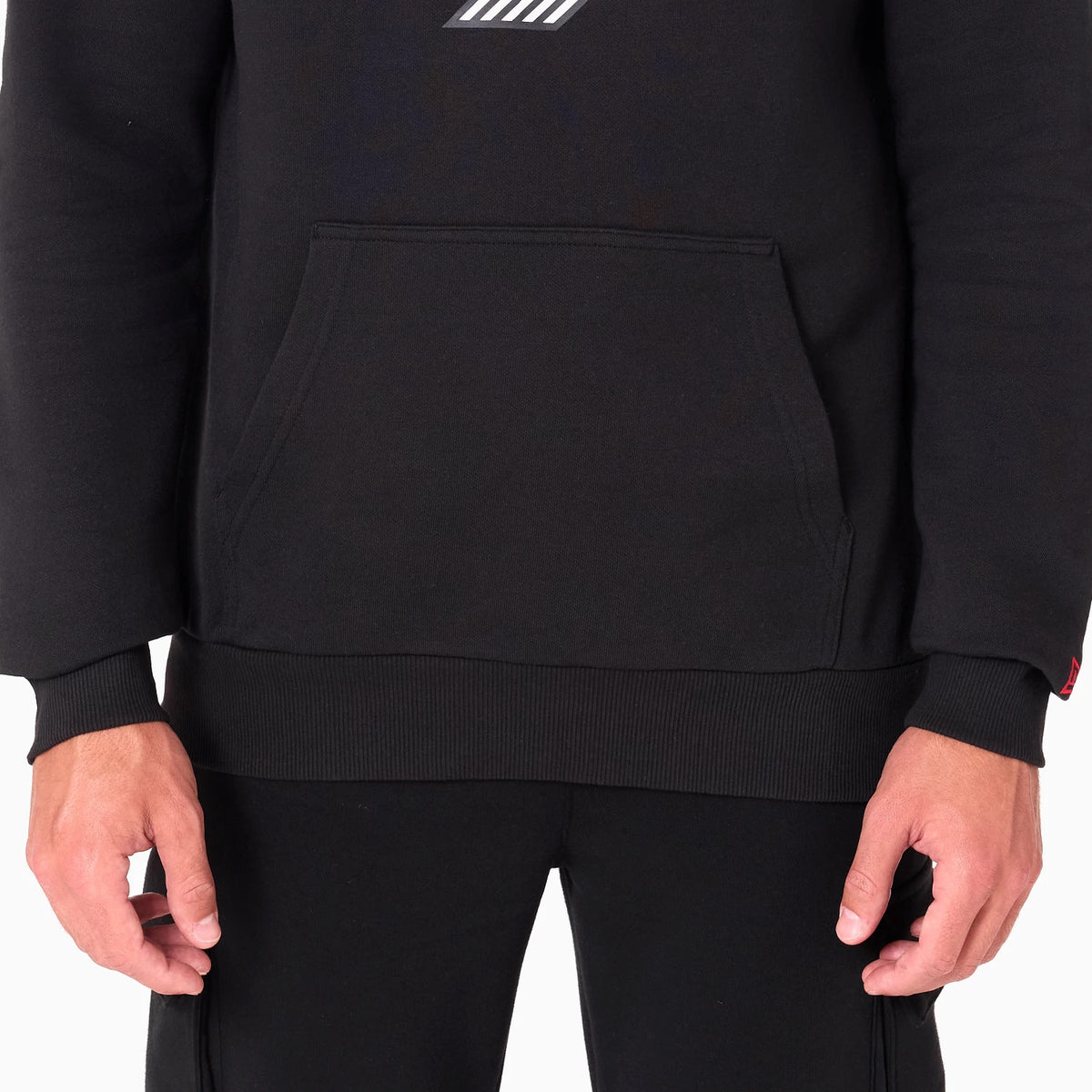 New Era Portland Trail Blazers NBA Black Pullover Hoodie, front view showing a small debossed logo at the chest area, a large kangaroo pocket at the front, and ribbed cuffs on the long sleeves.