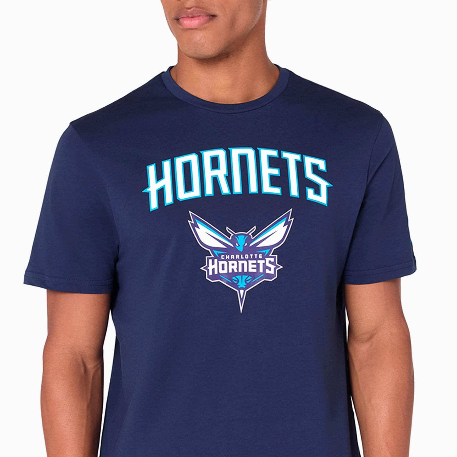 The Male model is wearing Charlotte Hornets NBA Navy T-Shirt 2