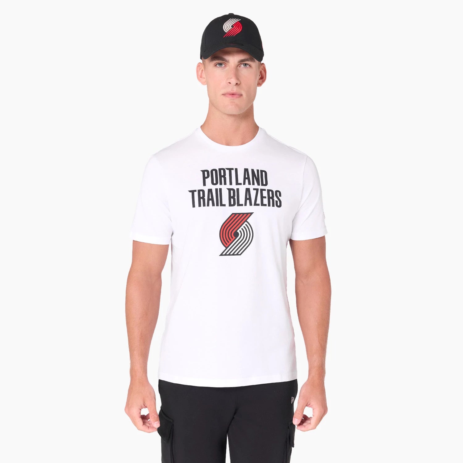 The Male model is wearing Portland Trail Blazers NBA White T-Shirt 1