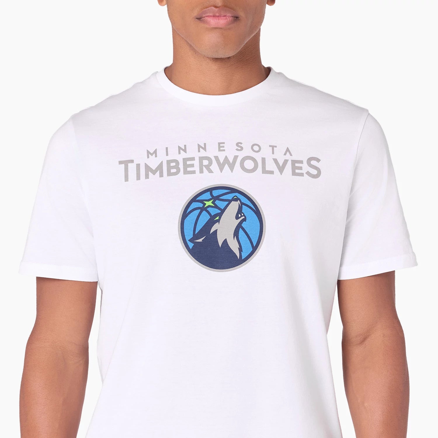 New Era Minnesota Timberwolves NBA White T-Shirt, front view showing the team name printed in grey across the chest above a large colourful Timberwolves logo featuring a wolf's head and a star on a white background.