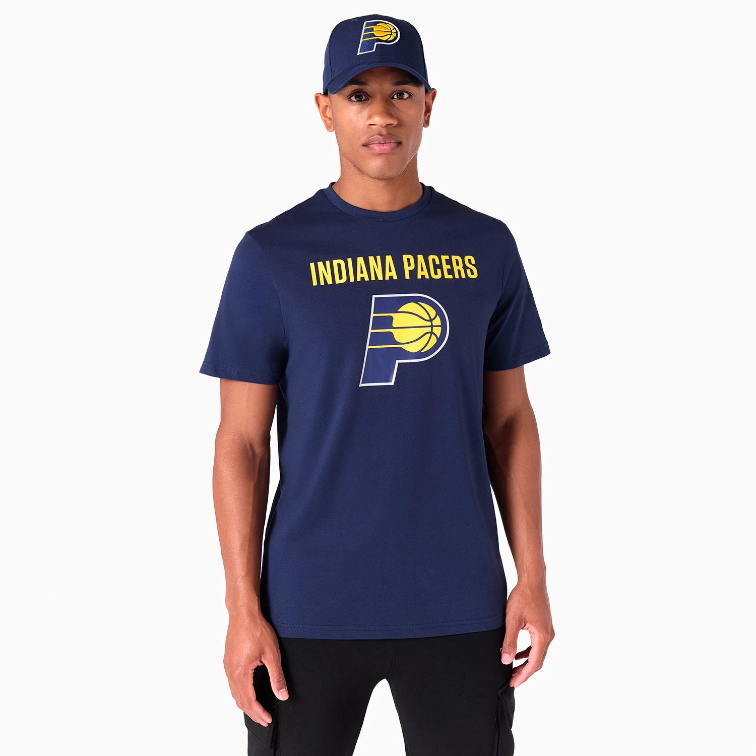 The Male model is wearing Indiana Pacers Graphic NBA Navy T-Shirt 1