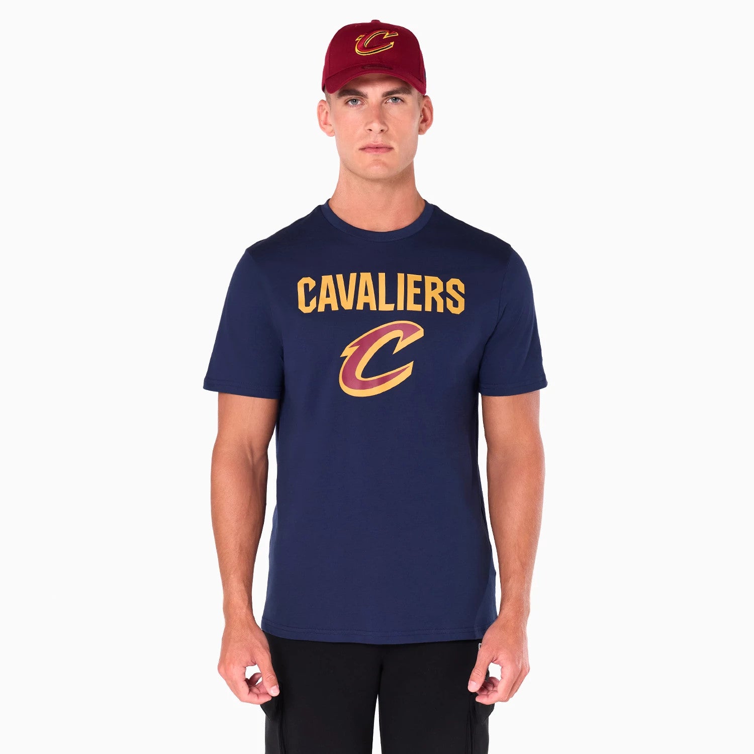 The Male model is wearing Cleveland Cavaliers NBA Navy T-Shirt 1