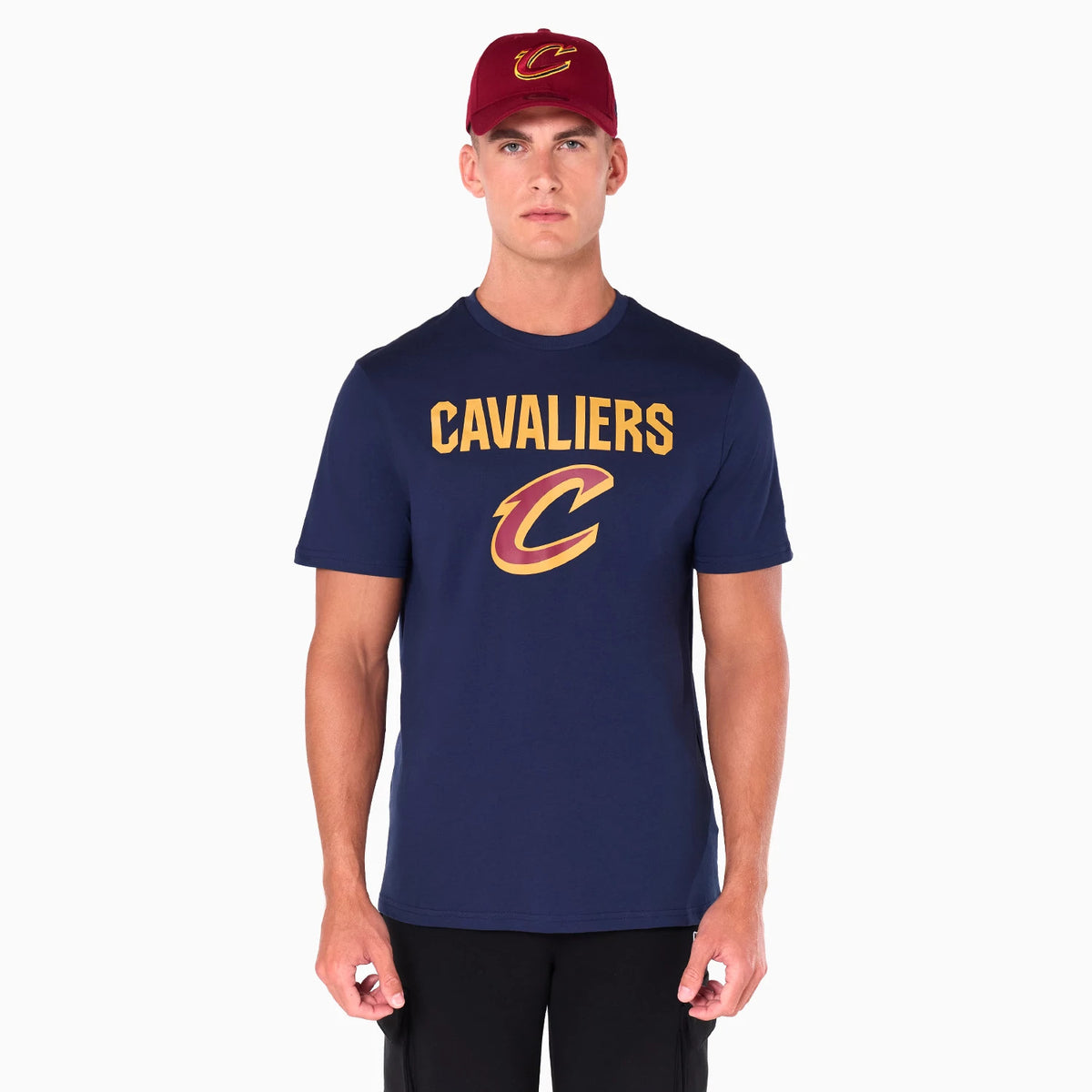 The Male model is wearing Cleveland Cavaliers NBA Navy T-Shirt 1