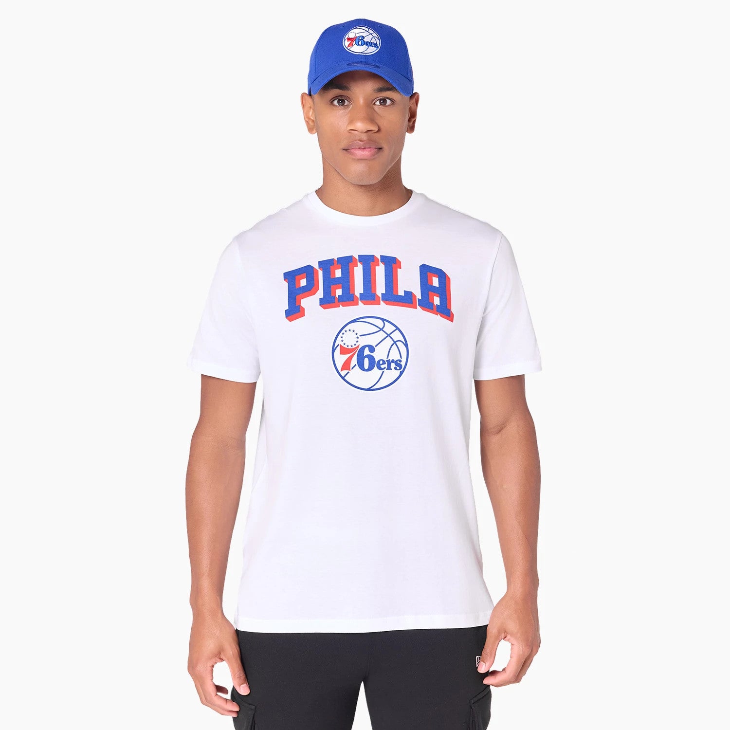 The Male model is wearing Philadelphia 76ers NBA White T-Shirt 1