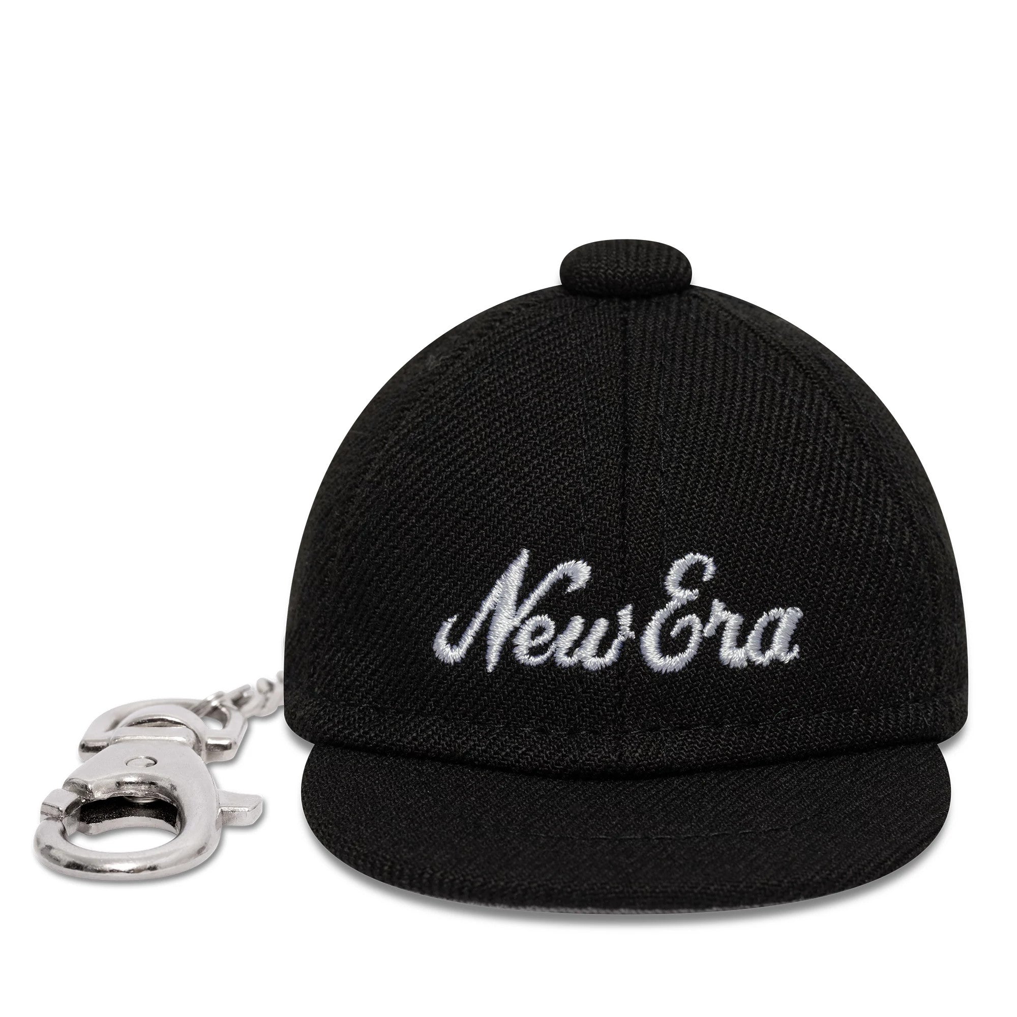 New Era New Era Mini Cap Black Key Chain, front view showing white embroidered New Era script logo on the structured black mini cap with a silver key chain attachment and flat visor.