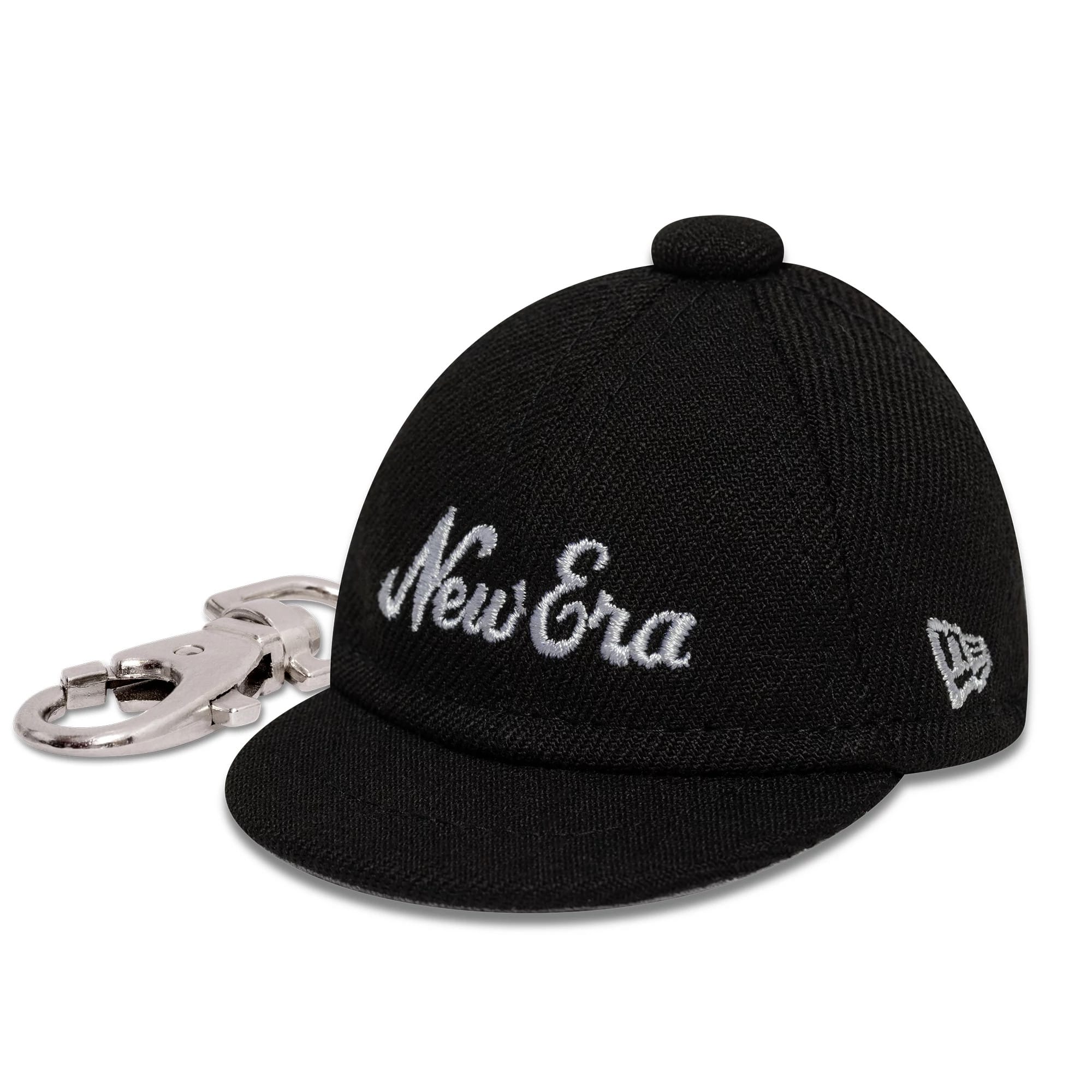 New Era New Era Mini Cap Black Key Chain, front view showing the white New Era script logo embroidered on the front panels, paired with a silver keychain attachment on the black mini cap.