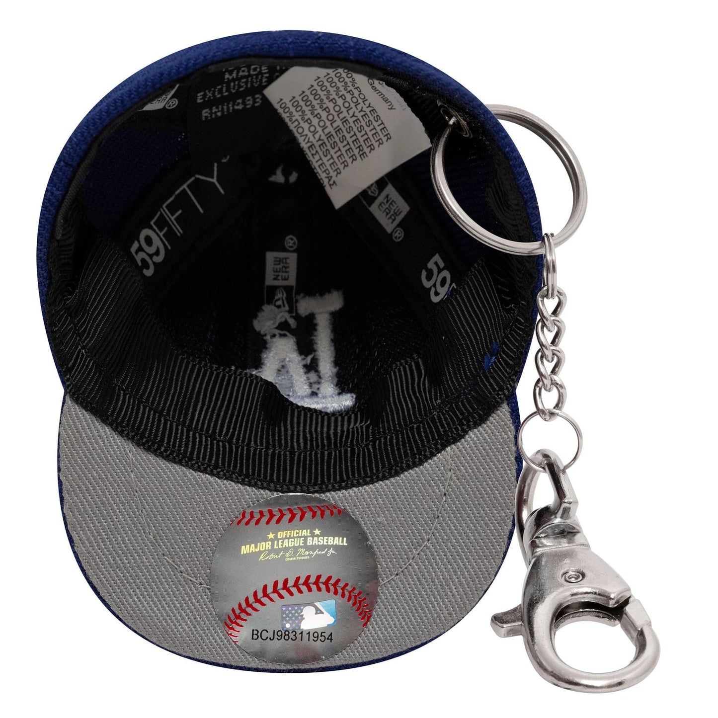New Era LA Dodgers MLB Mini Cap Dark Blue Key Chain, inside view showing grey undervisor with MLB hologram sticker and black sweatband, featuring a white embroidered LA logo, a 59FIFTY label, and a silver keyring attached.