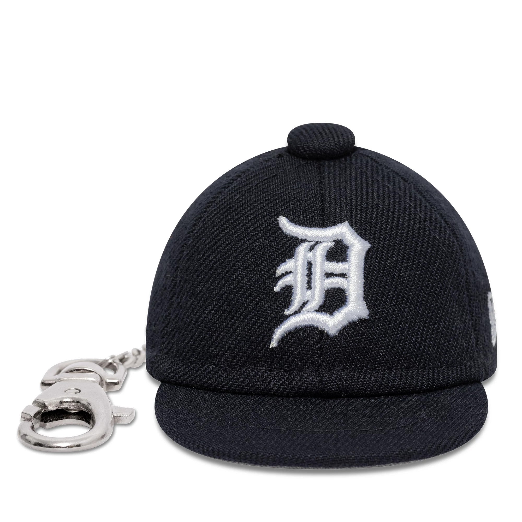 New Era Detroit Tigers MLB Mini Cap Navy Key Chain, front view showing a white embroidered Detroit D logo on the structured navy crown, with a silver keychain attachment to the left of the small visor.