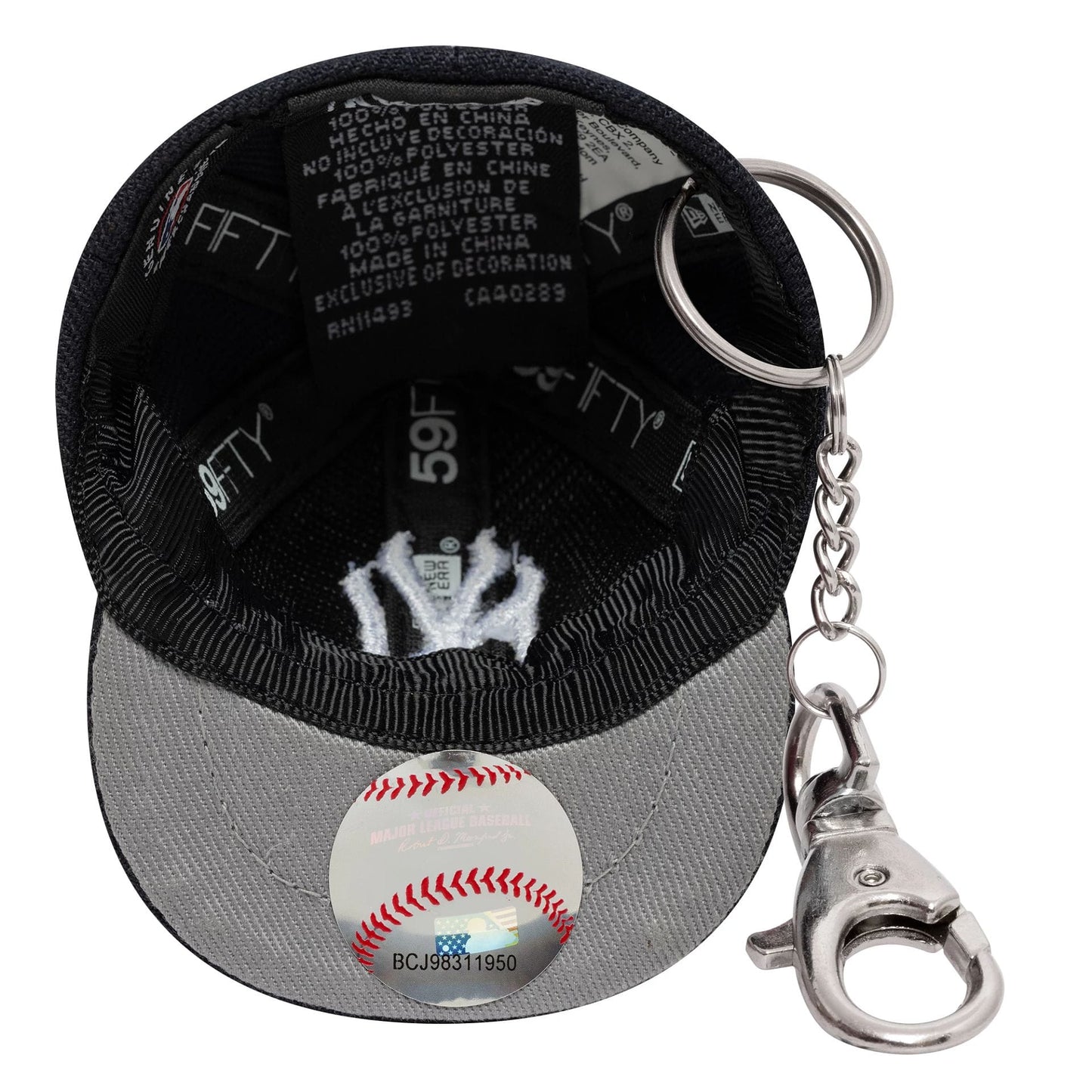 New Era New York Yankees MLB Mini Cap Navy Key Chain, inside view showing the black sweatband with 59FIFTY taping, grey undervisor with an MLB sticker, and keychain attachment featuring a silver clasp.