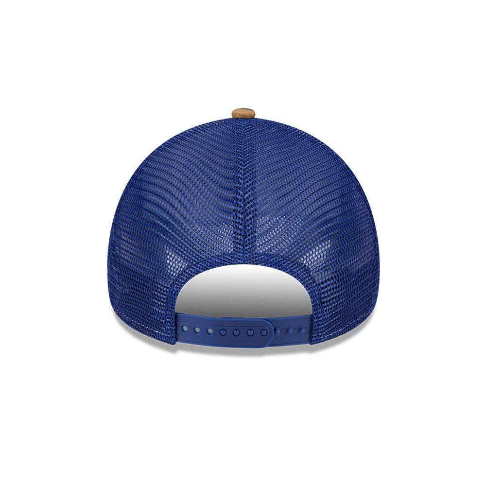 Pictured is this MLB Realtree Camo LA Dodgers 9FORTY A-Frame Trucker Adjustable cap in dark blue. 7