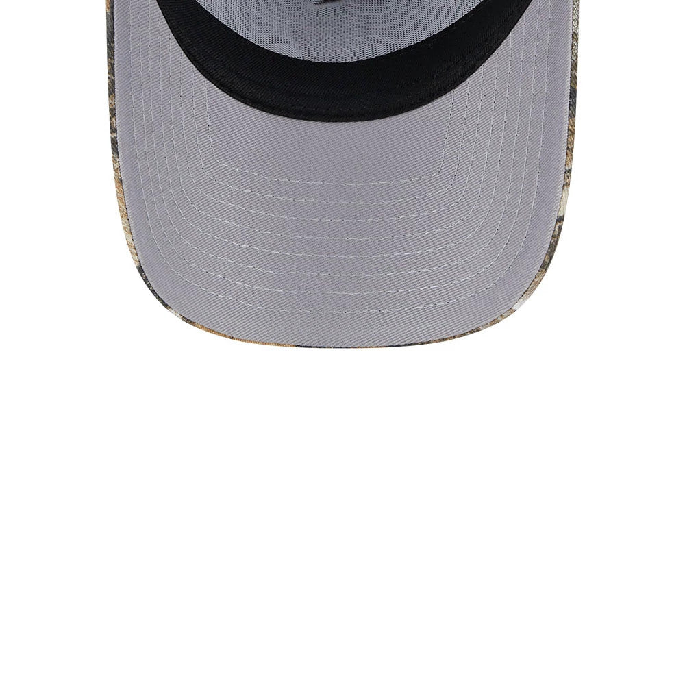 LA Dodgers MLB Realtree Camo Dark Blue New Era 9FORTY A-Frame Trucker Adjustable Cap, inside view showing a light grey undervisor with black taping and a black sweatband around the cap’s base.