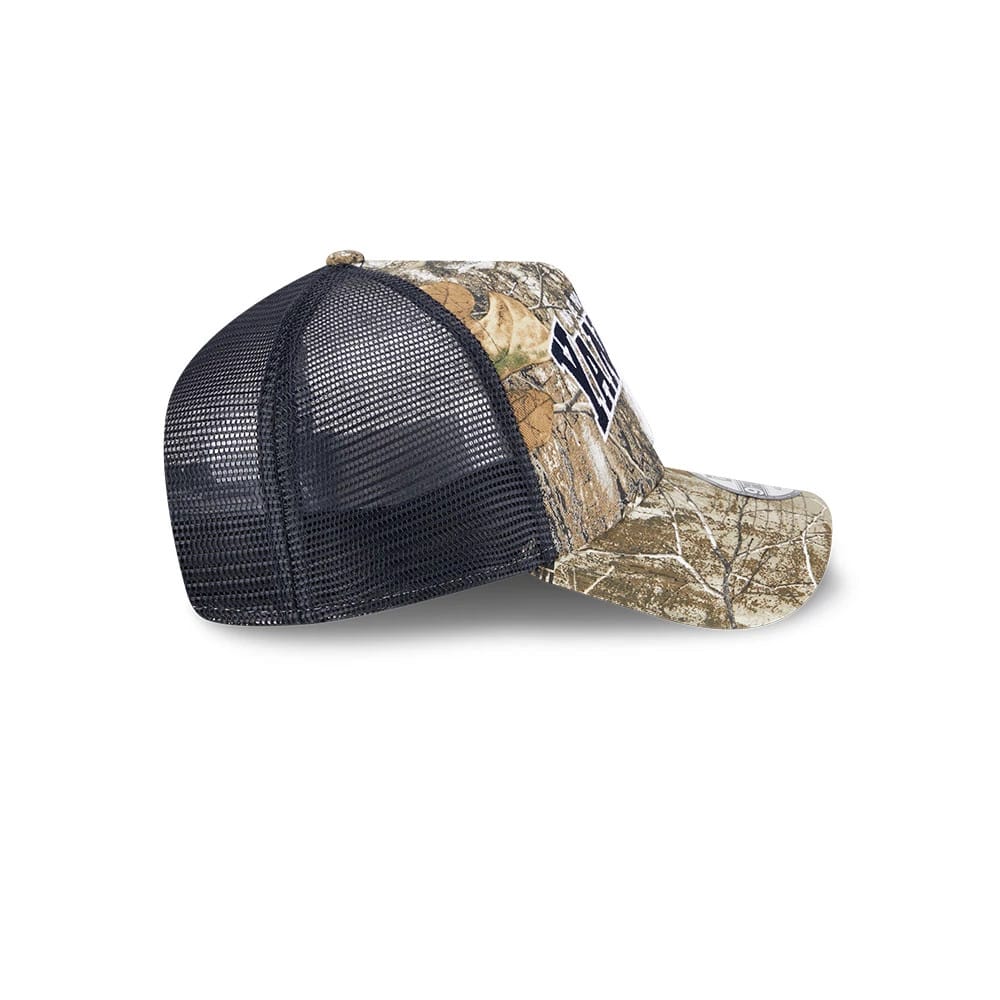 Pictured is this MLB Realtree Camo New York Yankees 9FORTY A-Frame Trucker Adjustable cap in navy. 7