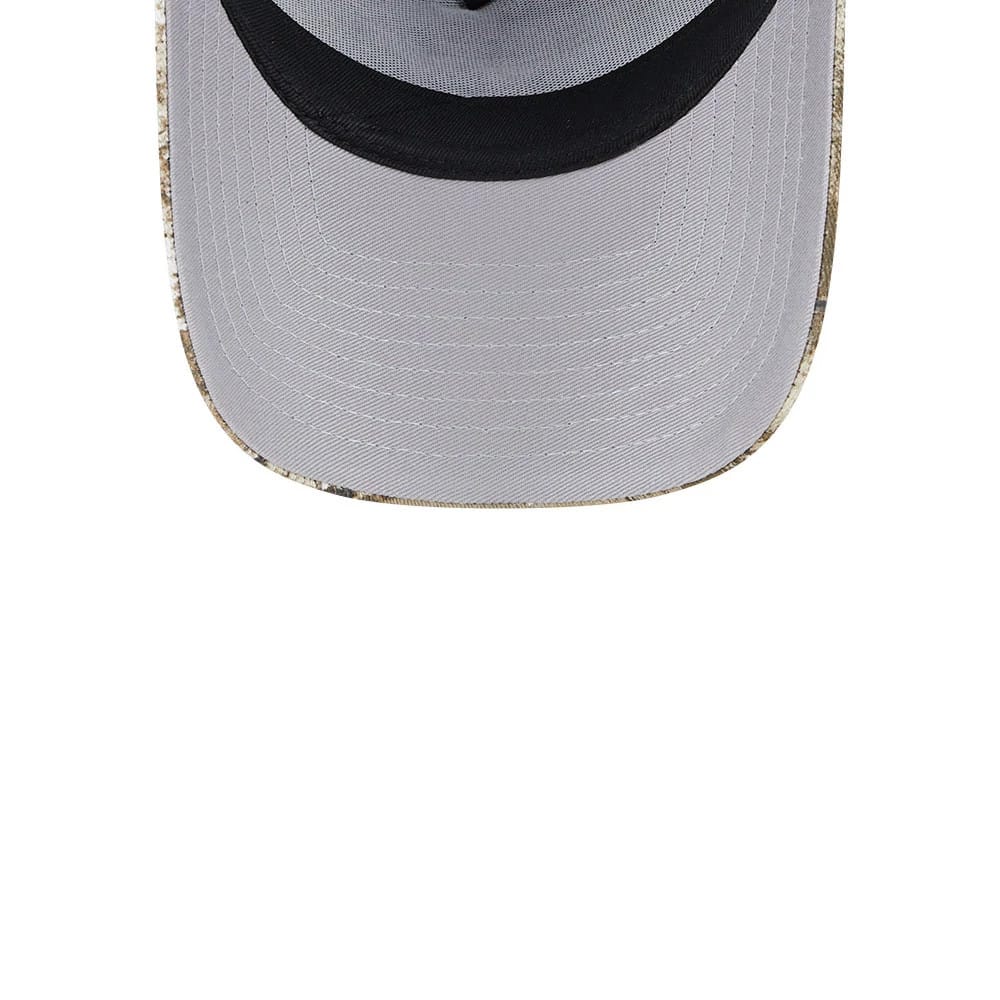 New York Yankees MLB Realtree Camo Navy New Era 9FORTY A-Frame Trucker Adjustable Cap, inside view showing the grey undervisor, black taping around the crown, and the integrated sweatband across the forehead area.