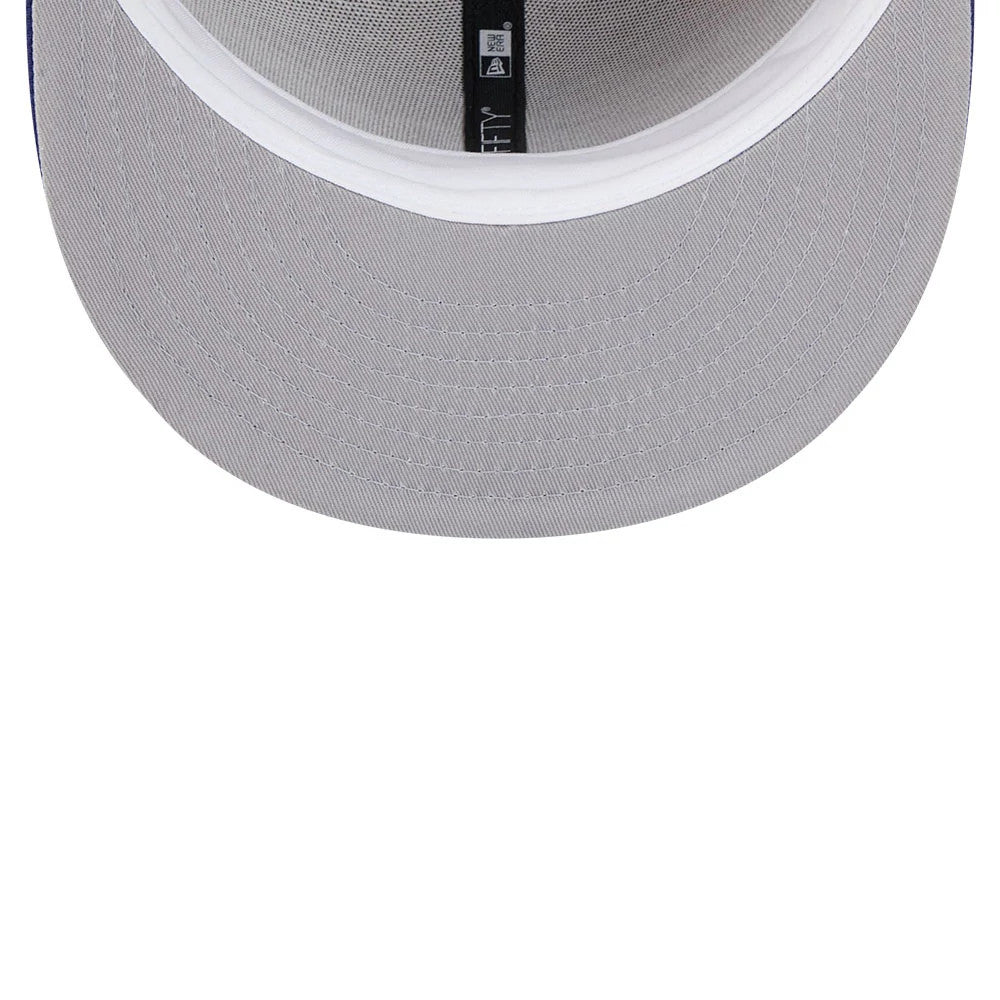 LA Dodgers MLB Evergreen Light Beige New Era 59FIFTY Fitted Cap, inside view showing grey undervisor, white sweatband, and black taping with brand and model label, with no sticker present underneath.